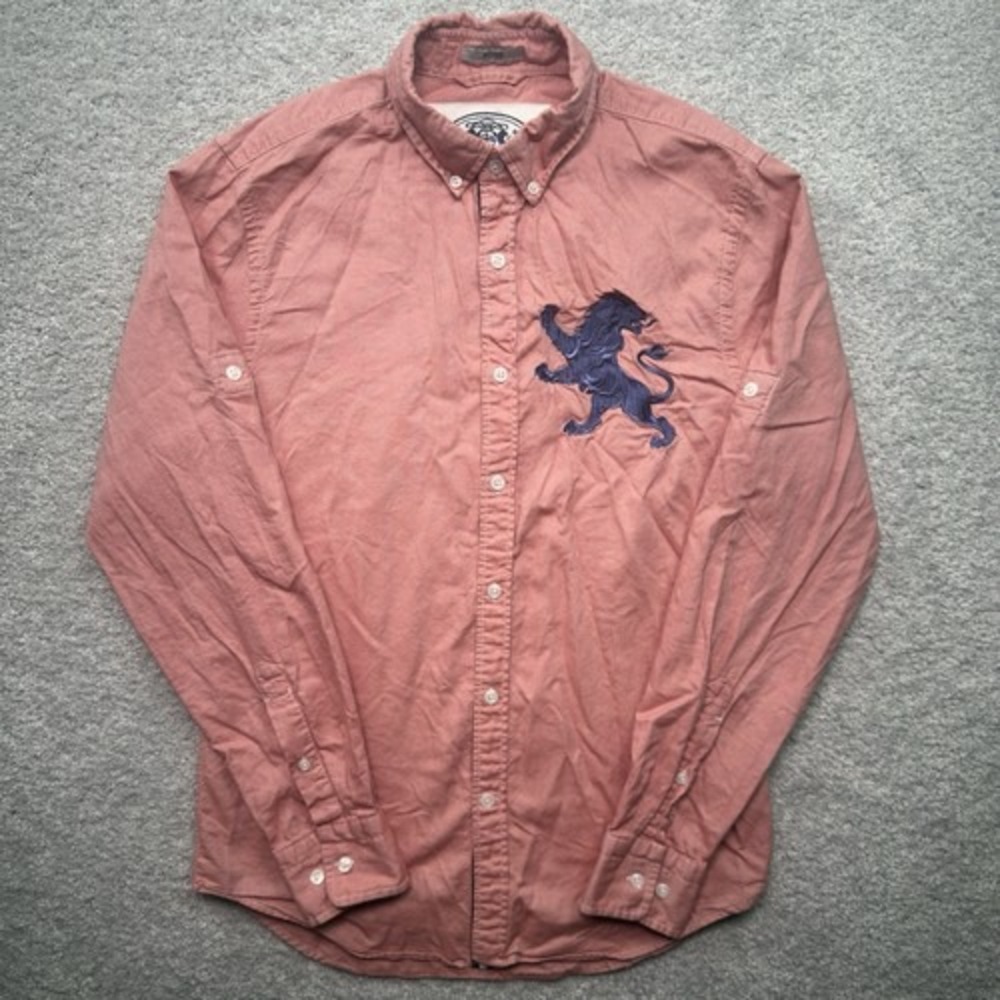 Express Mens S Lion Embroidered Button Down Shirt Pink Fitted 100% Cotton Y2K